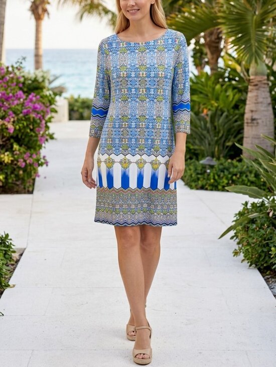 Isle By Melis Kozan Dresses & Skirts - ISLE BY MELIS KOZAN GEOMETRIC PRINT BLUE WHITE 3/4 SLEEVE DRESS